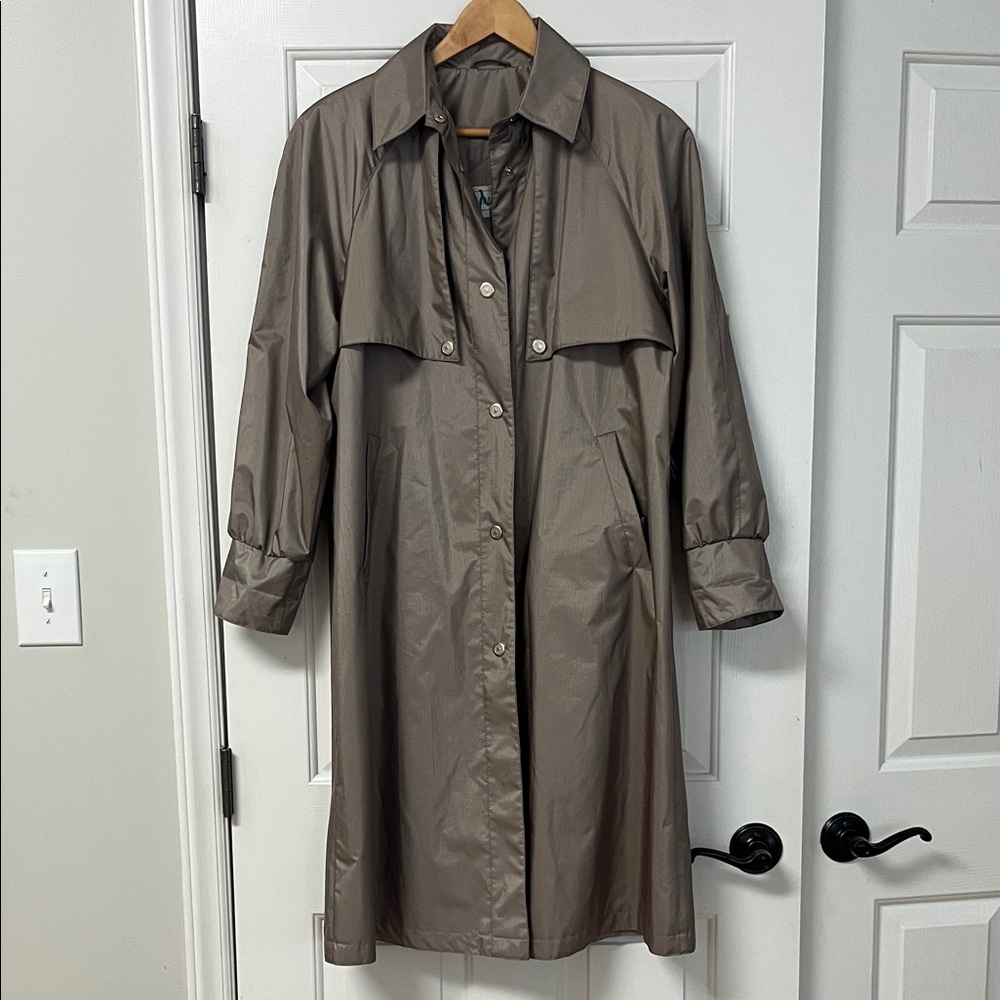 Vintage 1980s Cambridge Trench Coat Taupe Oversized Metallic Puffed Sleeves
